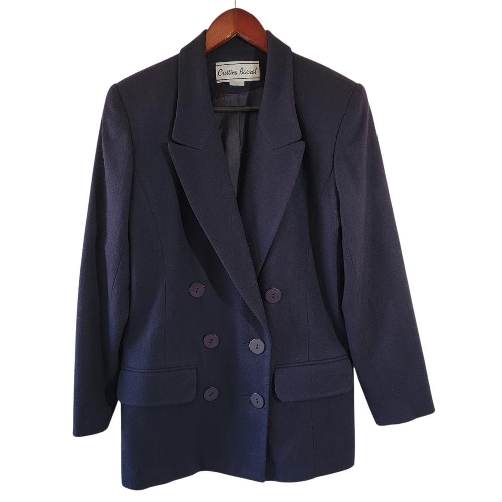 VTG Cristina Barret Navy Blue 100% Wool Double Breasted Blazer Sz 6 Office Siren